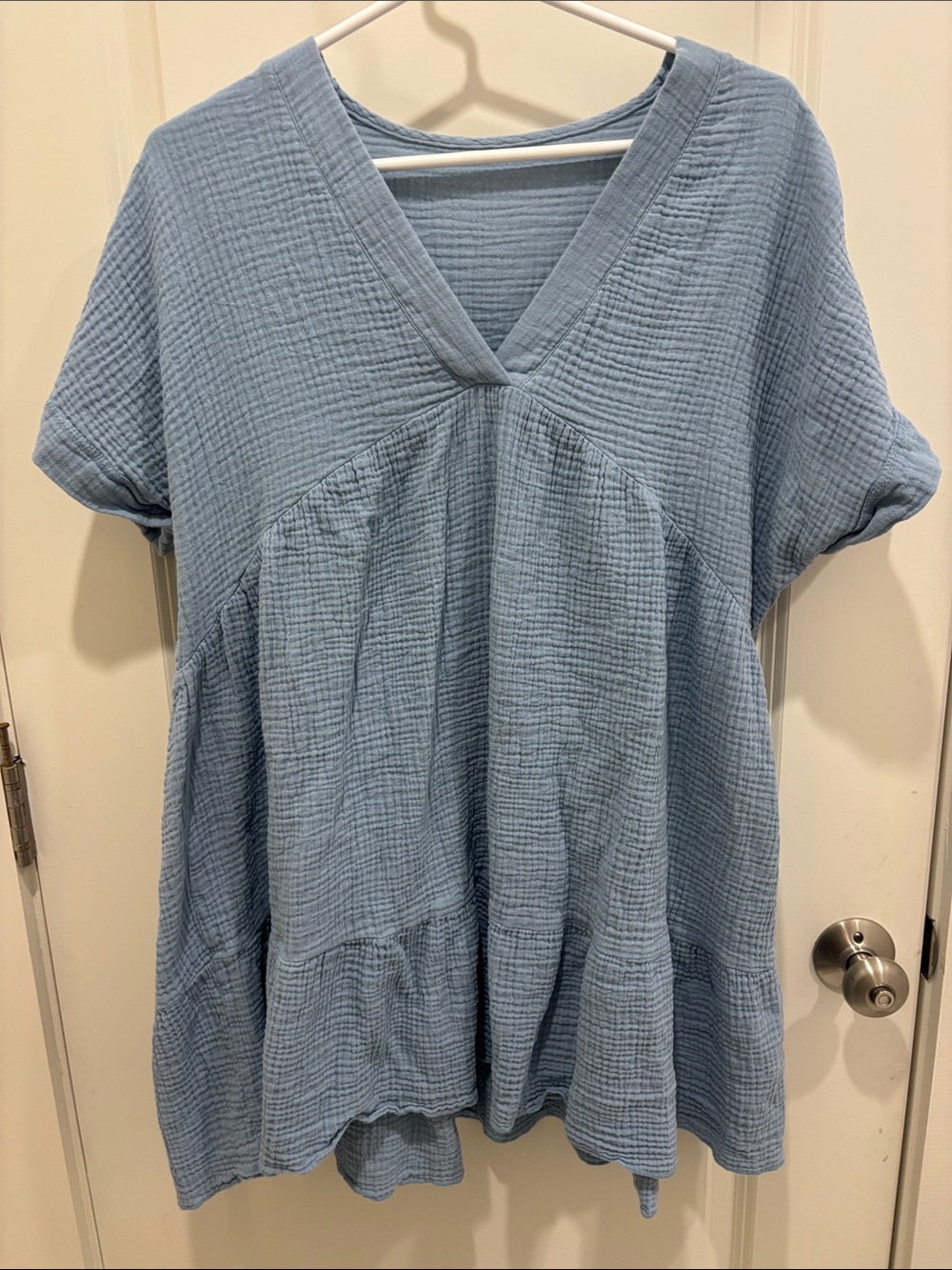 SHEIN Light Blue V-Neck Gauze Tiered Tunic